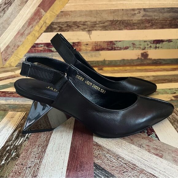 Jady Rose Leather Slingback Prism Mirror Heels NEW Designer Black Retro SZ 8 - Picture 6 of 10